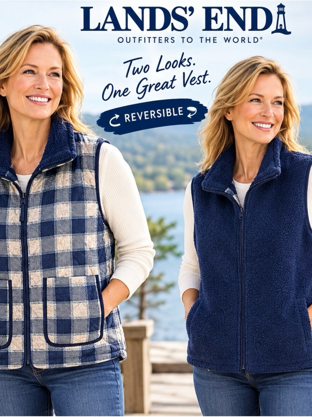 Lands' End Navy Reversible Sherpa Vest with Plaid Reverse XL